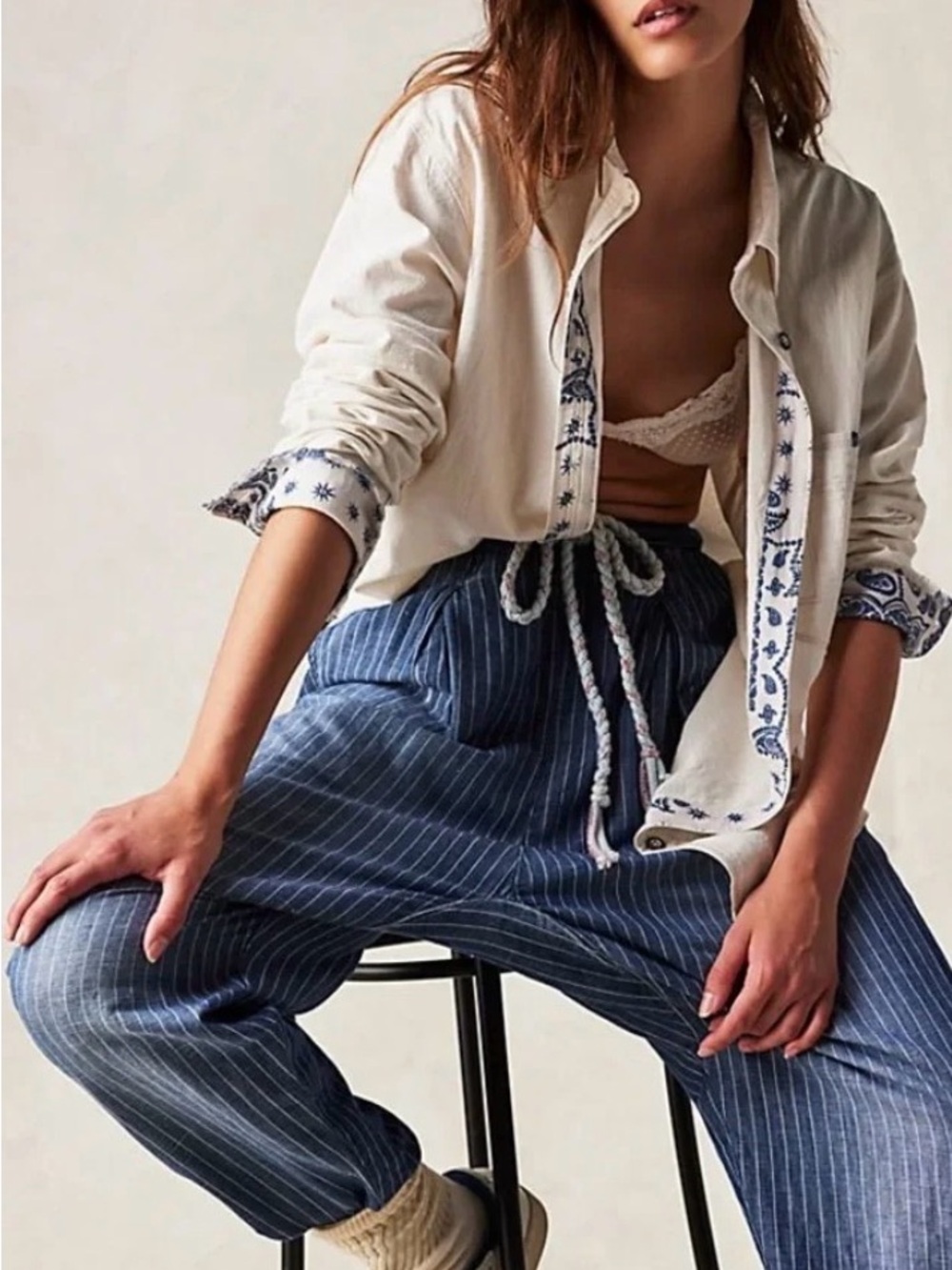 NWOT Free People We The Free Two To One Shirt Ivory Combo Size Large - Picture 12 of 12
